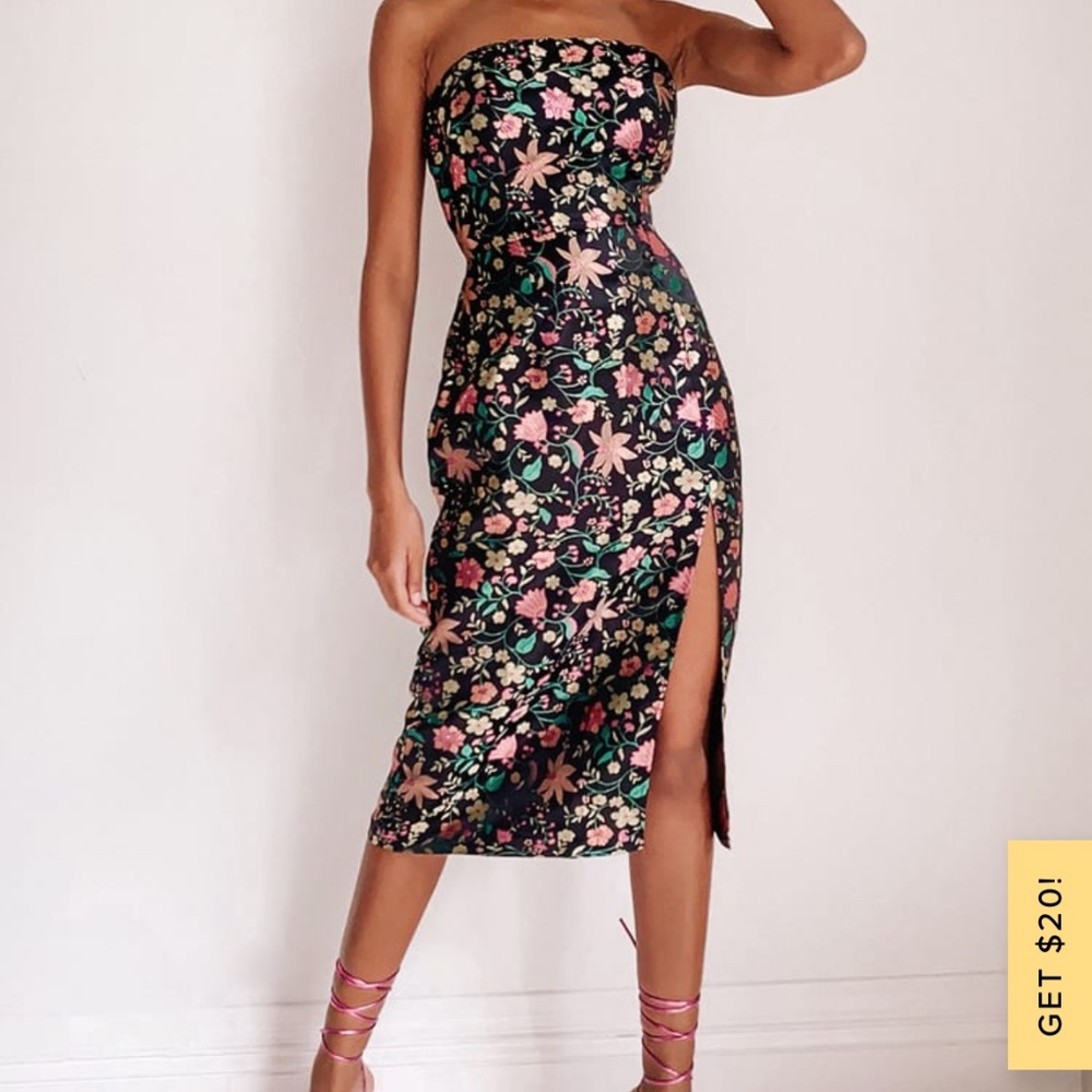 Make a Move Black Satin Floral Jacquard Strapless Midi Dress